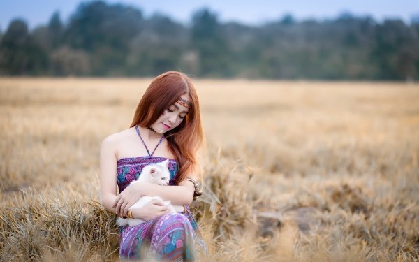 Women Asian Cat Depth Of Field Model Mood Redhead Long Hair HD Wallpaper | Background Image