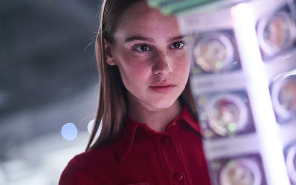 HD wallpaper of Clara Rugaard-Larsen in I Am Mother, showing her in a red shirt with a futuristic background.