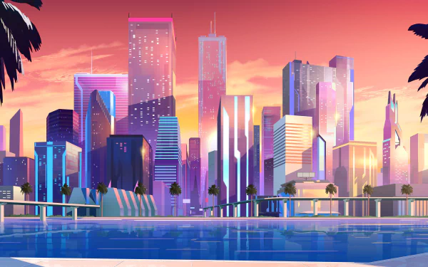 Artistic city skyline with colorful skyscrapers reflected in calm water, rendered in vibrant 8K Ultra HD for a stunning PC desktop wallpaper background.