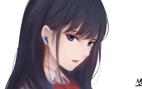 HD anime desktop wallpaper featuring Rikka Takarada from SSSS.Gridman with long dark hair, blue eyes, and earphones.