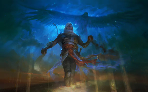HD desktop wallpaper featuring Bayek of Siwa from the video game Assassin's Creed Origins, depicted in a dramatic and mystical scene with a large bird silhouette behind him.