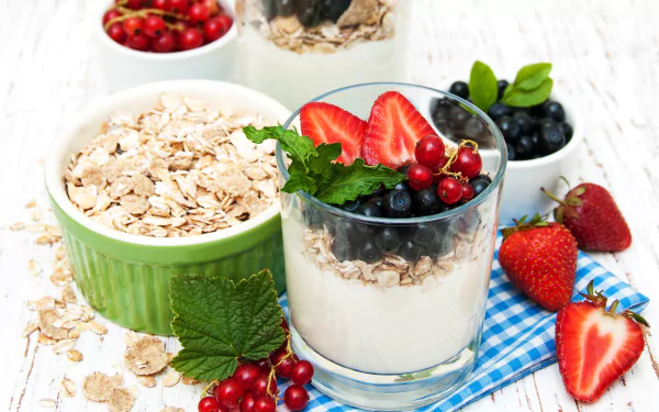 currants blueberry strawberry fruit breakfast oatmeal berry food yogurt HD Desktop Wallpaper | Background Image