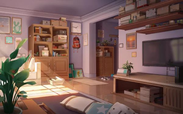 HD anime room desktop wallpaper featuring a cozy, well-lit space with shelves, plants, a TV, and scattered cushions, capturing a warm and inviting anime-style interior.