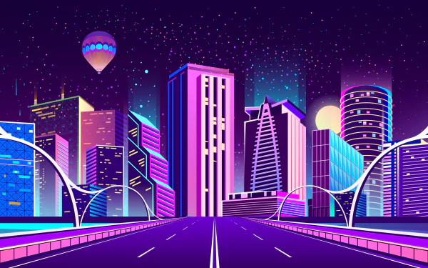 Artistic HD wallpaper featuring a vibrant cityscape with skyscrapers, a road in the foreground, and a hot air balloon floating above, highlighted against a starry night sky.