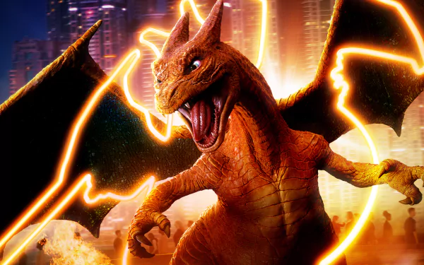 4K Ultra HD wallpaper featuring Charizard from the Pokémon Detective Pikachu movie, with glowing orange lightning and a cityscape backdrop.