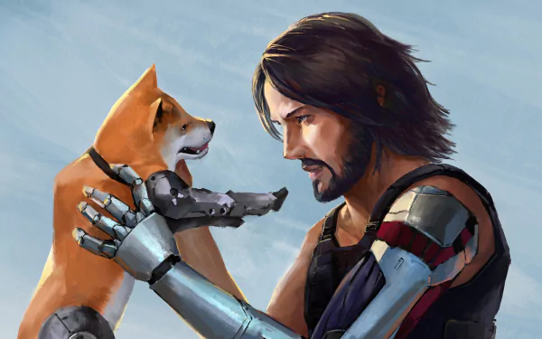 HD desktop wallpaper featuring a cyberpunk-themed scene from the video game Cyberpunk 2077, with a futuristic character holding a puppy.