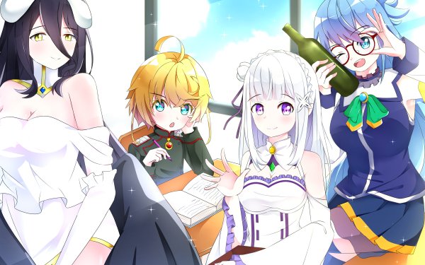 Anime Isekai Quartet Re:ZERO -Starting Life in Another World- Emilia KonoSuba Youjo Senki Albedo Crossover HD Wallpaper | Background Image