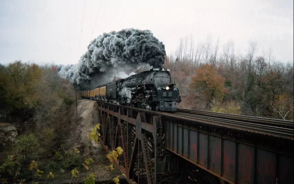 HD desktop wallpaper featuring a steam locomotive pulling a train on a bridge, with dense smoke billowing, set against a backdrop of autumn trees and cloudy sky.