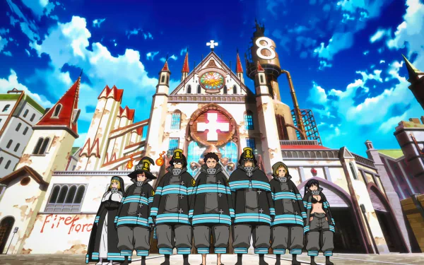HD anime desktop wallpaper featuring Fire Force characters standing in front of a detailed church under a bright blue sky with dynamic clouds.