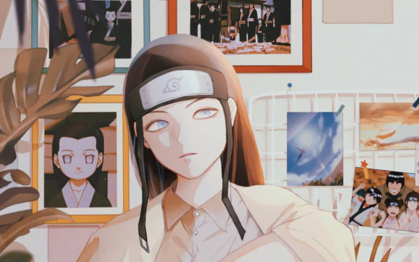 HD Naruto anime wallpaper featuring Neji Hyūga in the foreground with framed images of Rock Lee, Tenten, and Might Guy in the background.