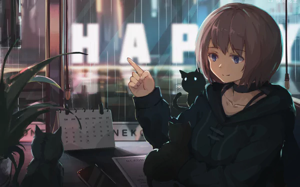HD desktop wallpaper background featuring an anime-style character with short hair, sitting by a window with a cat and a plant. The character points upwards against a soft, light-filled backdrop.