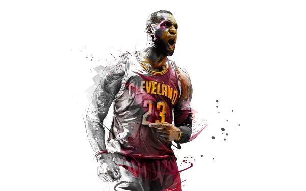 8K Ultra HD sports wallpaper: basketball player in Cleveland #23 jersey roaring, painted/sketch splash effect on white background.
