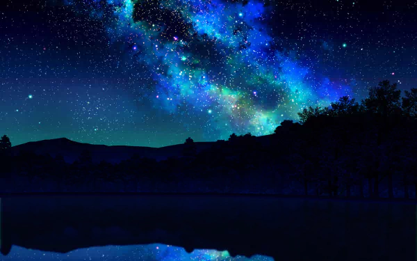 HD anime night scene featuring a vibrant starry sky and Milky Way over a dark forest silhouette reflected in still water, designed as a PC desktop wallpaper background.