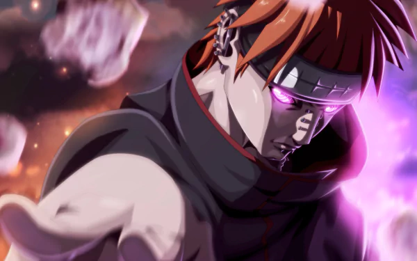 HD anime wallpaper featuring Pain from Naruto’s Akatsuki, with intense glowing eyes and dynamic energy effects, capturing the character’s fierce presence.