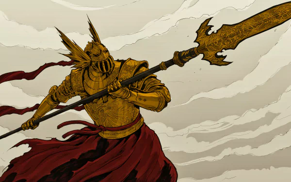 4K Ultra HD PC desktop wallpaper of Malenia Blade of Miquella from the video game Elden Ring, depicted in detailed golden armor wielding a large ornate spear.