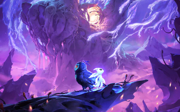 4K Ultra HD desktop wallpaper featuring a mystical scene from the video game Ori and the Will of the Wisps with glowing characters in a vibrant, enchanted forest.
