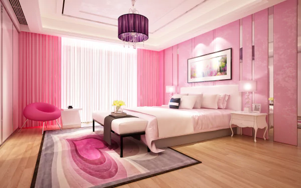 4K Ultra HD wallpaper of a modern pink bedroom featuring a bed, chandelier, stylish furniture, and a colorful rug, showcasing a bright, man-made room design.
