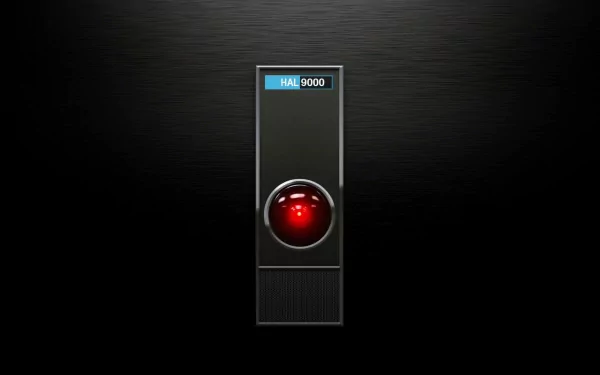 HD PC desktop wallpaper featuring the iconic HAL 9000 interface from the movie 2001: A Space Odyssey, set against a sleek black background.
