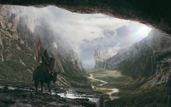 A fantasy warrior atop a buffalo overlooks a vast, misty landscape with a distant castle, captured in high-definition as a dramatic PC desktop wallpaper.
