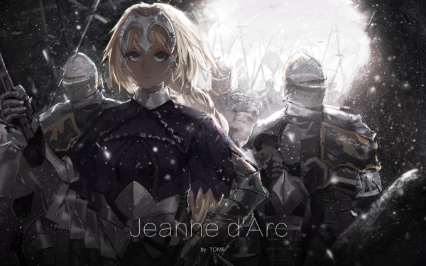 HD anime wallpaper featuring Jeanne d'Arc from Fate/Apocrypha in armor with long blonde hair, flanked by armored knights, set in a dramatic, snowy battlefield scene.