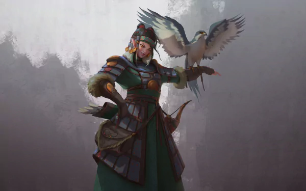 2K Quad HD PC desktop wallpaper/background: fantasy woman warrior-hunter in armor with a falcon perched on her gloved arm against a misty battlefield.