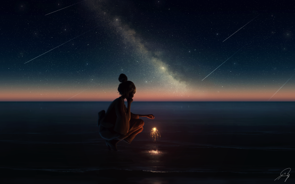 Anime Girl Starry Sky Shooting Star Beach HD Wallpaper | Background Image