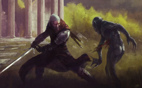 HD PC wallpaper: Geralt of Rivia (The Witcher 3: Wild Hunt) lunges with his sword at a Drowner through green mist near crumbling columns.