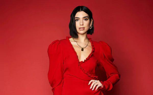 short hair English red dress black hair singer music Dua Lipa HD Desktop Wallpaper | Background Image
