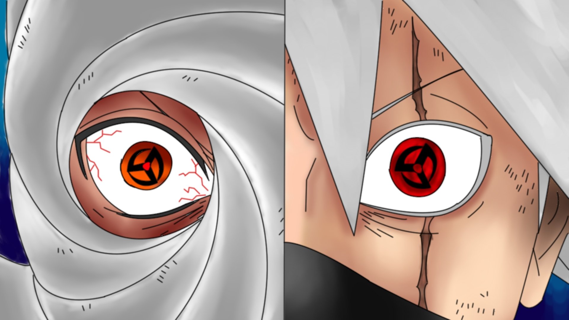 Close-up HD anime desktop wallpaper featuring Obito Uchiha and Kakashi Hatake from Naruto, highlighting their Sharingan eyes.