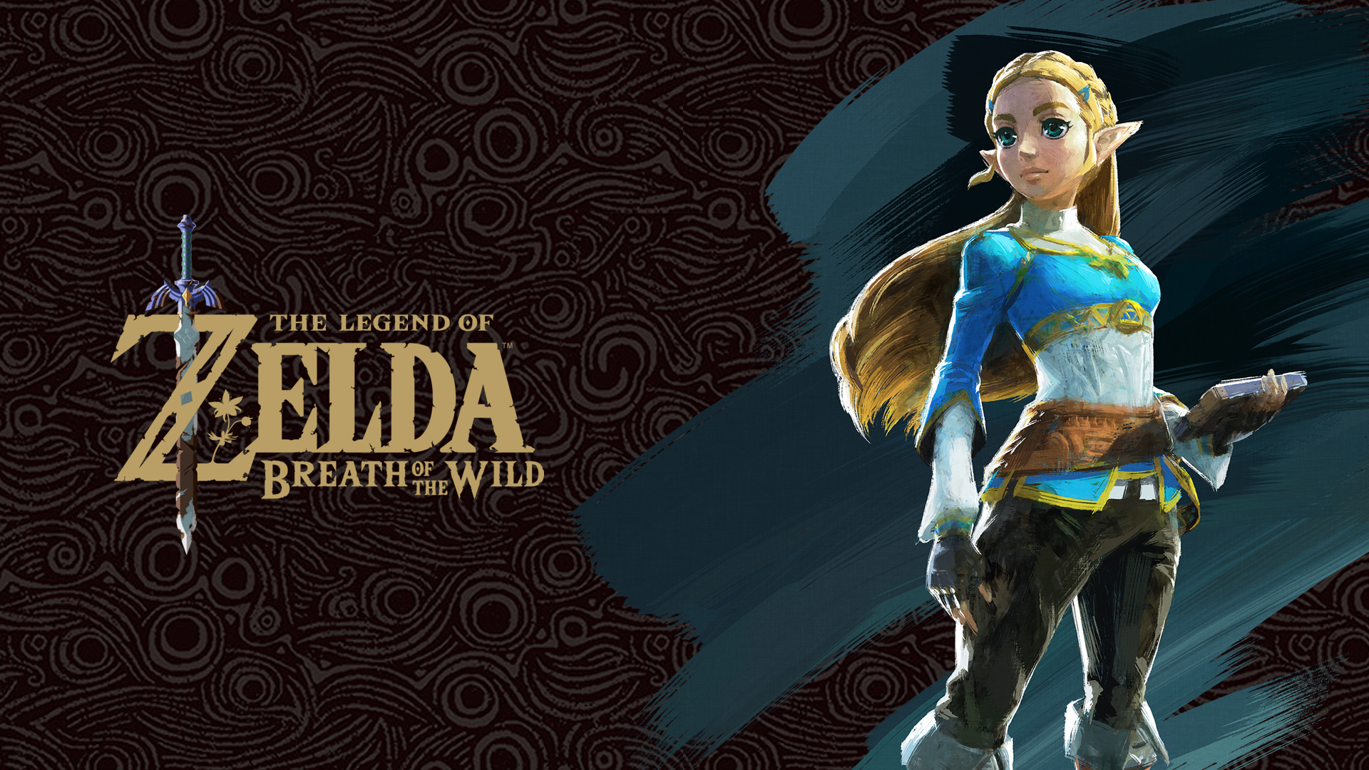 Princess Zelda from the video game The Legend of Zelda: Breath of the Wild stands in a blue tunic beside the game logo on a dark patterned HD PC desktop wallpaper and background.