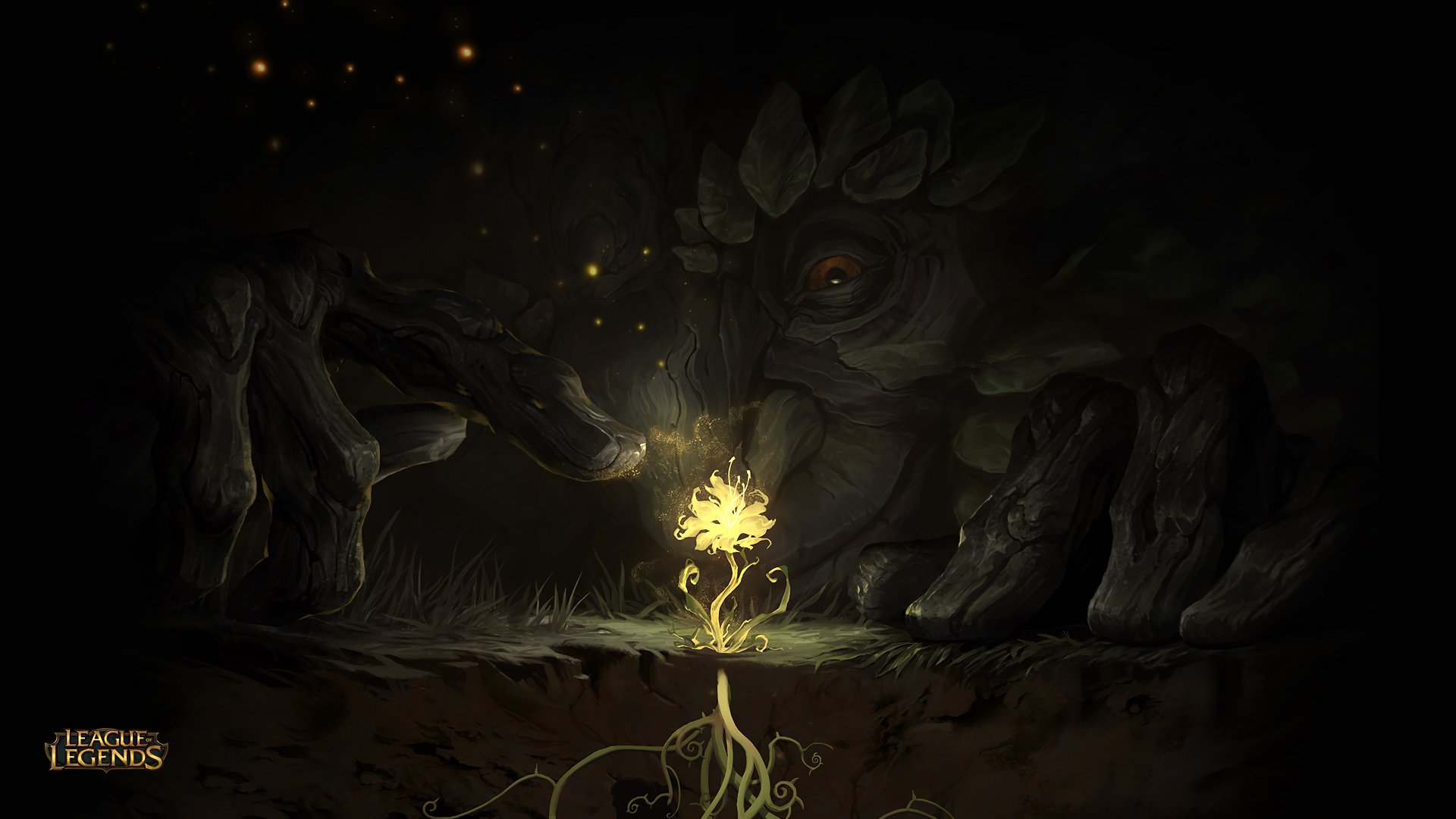 Ivern (League of Legends) cradles a glowing sprout in a dark forest, giant wooden hands and roots framing the light — 4K Ultra HD PC desktop wallpaper, League of Legends video game art.