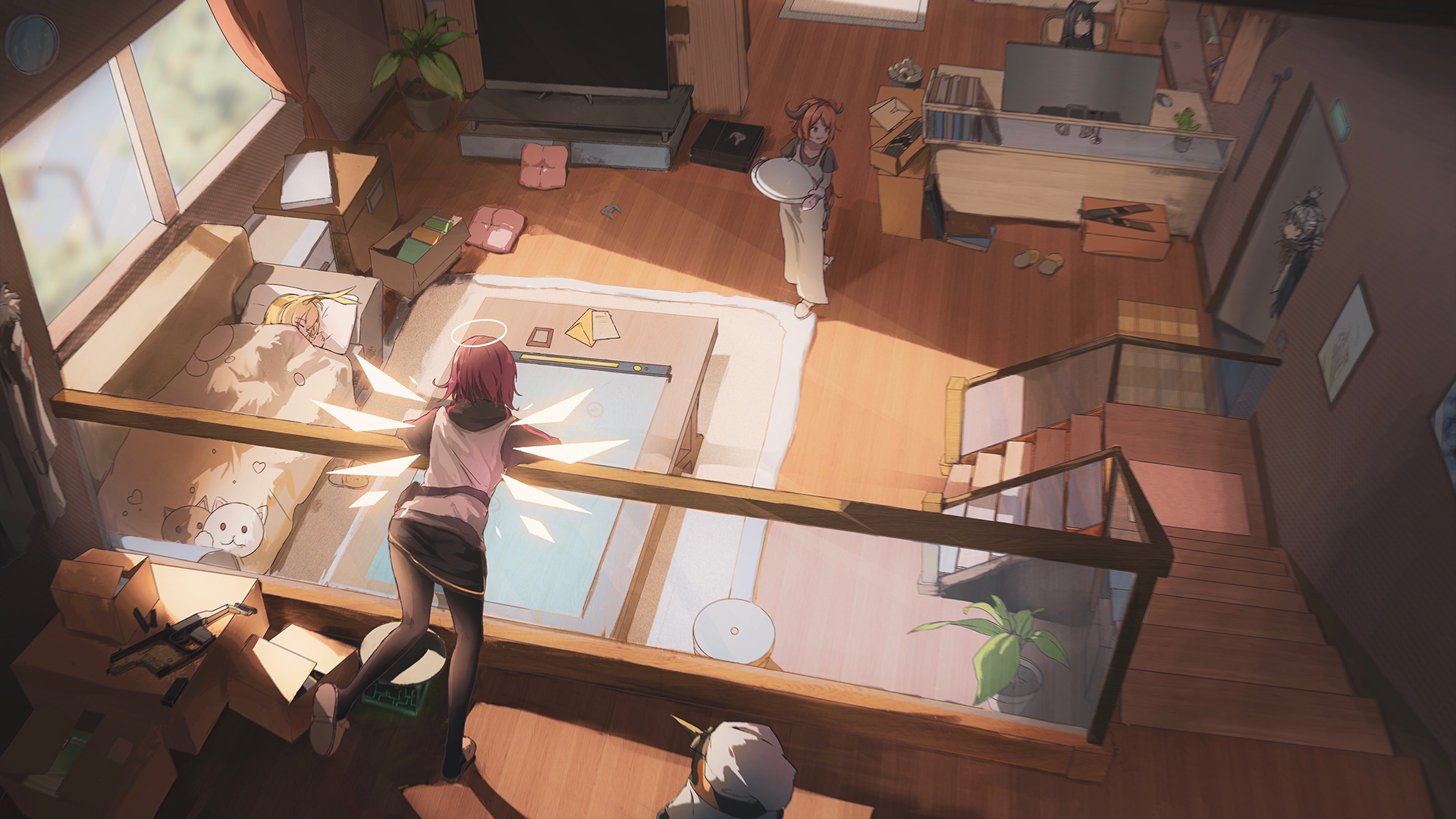 HD wallpaper featuring Texas, Sora, and Croissant from Arknights in a cozy room setting, blending angelic and demonic themes from the video game.