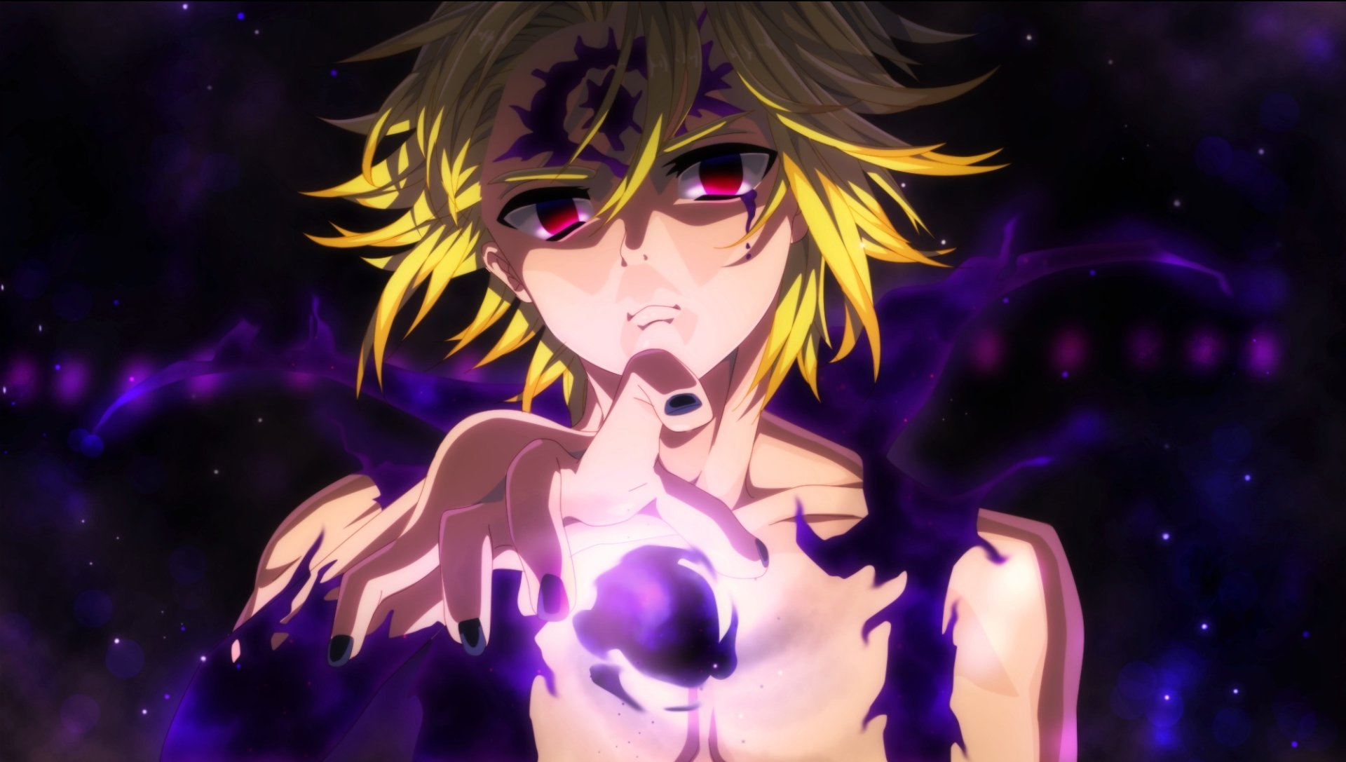 HD PC desktop wallpaper featuring Meliodas from the anime The Seven Deadly Sins, depicted with glowing eyes and a dark, magical aura.