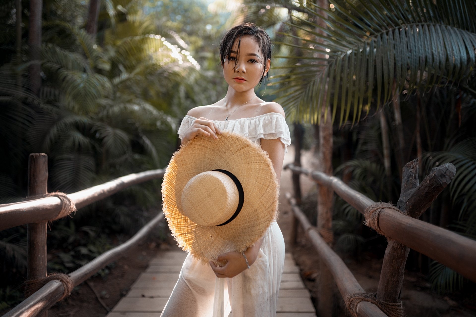 Download White Dress Depth Of Field Black Hair Straw Hat Model Woman Asian HD Wallpaper by Aleksandr Kurennoi