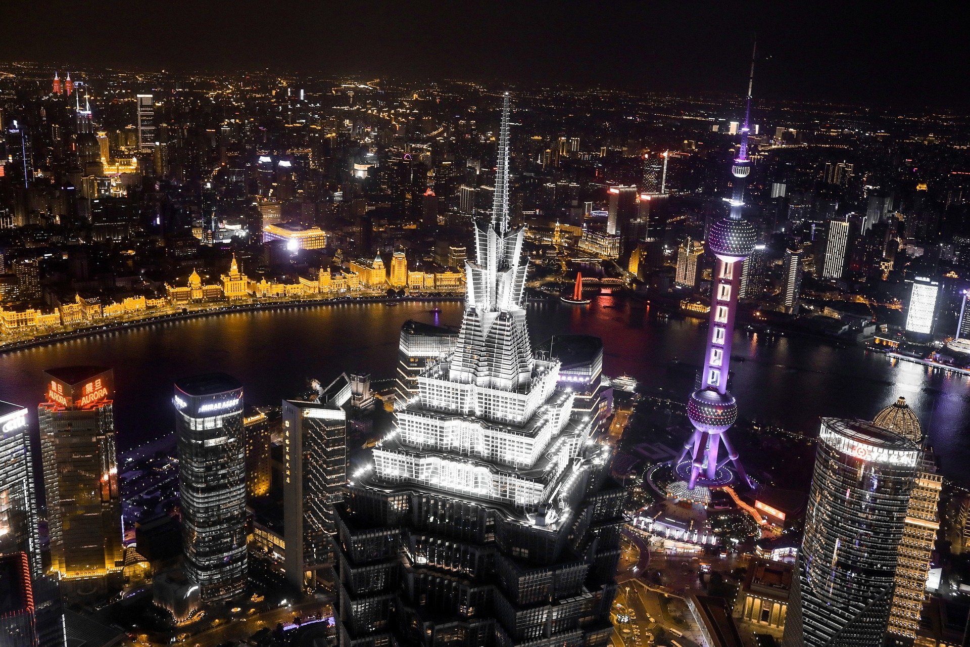 Download Oriental Pearl Tower City Light Night River Skyscraper Jin Mao Tower China Man Made Shanghai HD Wallpaper by Leslin_Liu