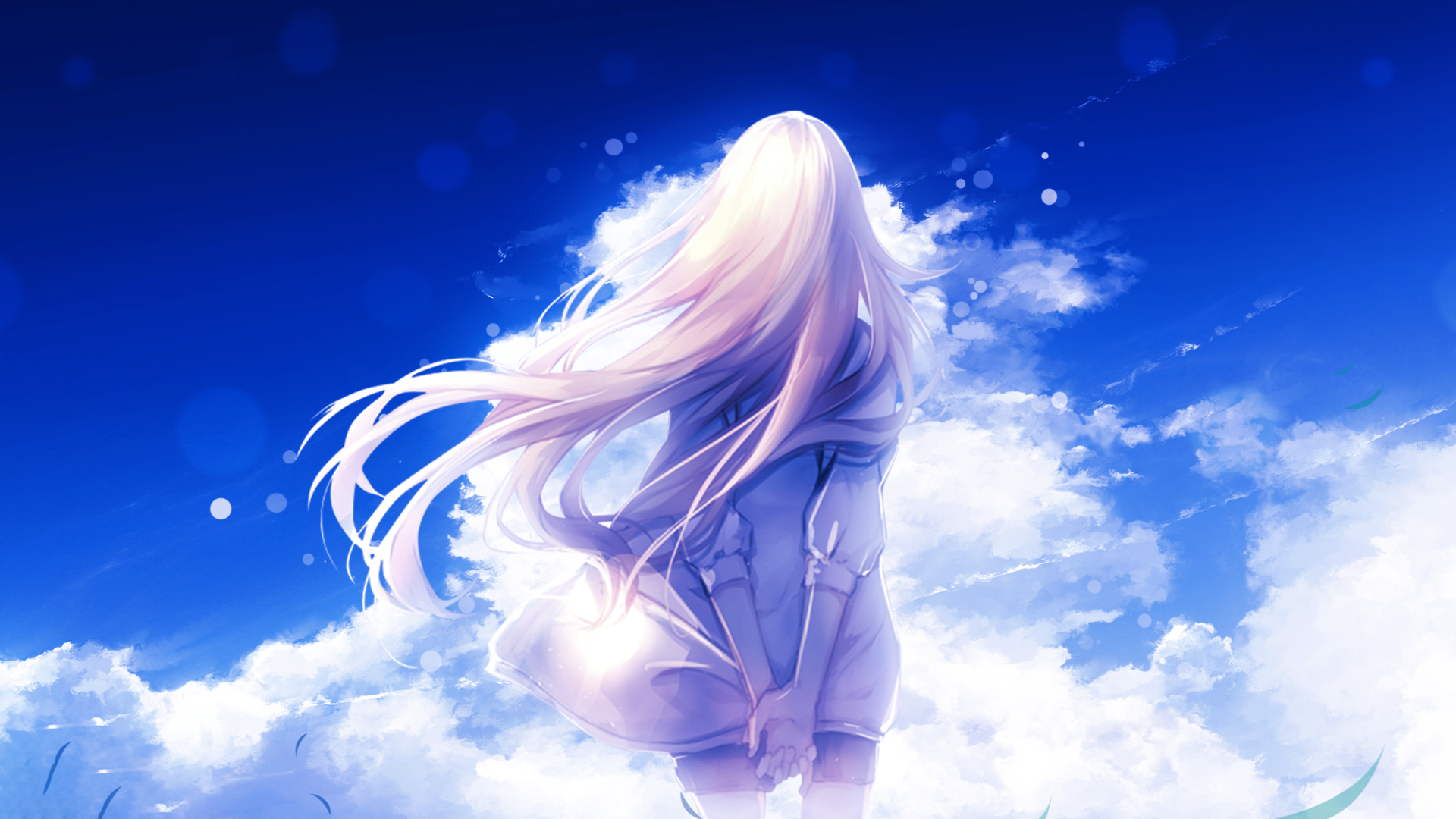 Anime wallpaper featuring a character with long white hair standing against a vivid blue sky and clouds, blending a serene and ethereal aesthetic.