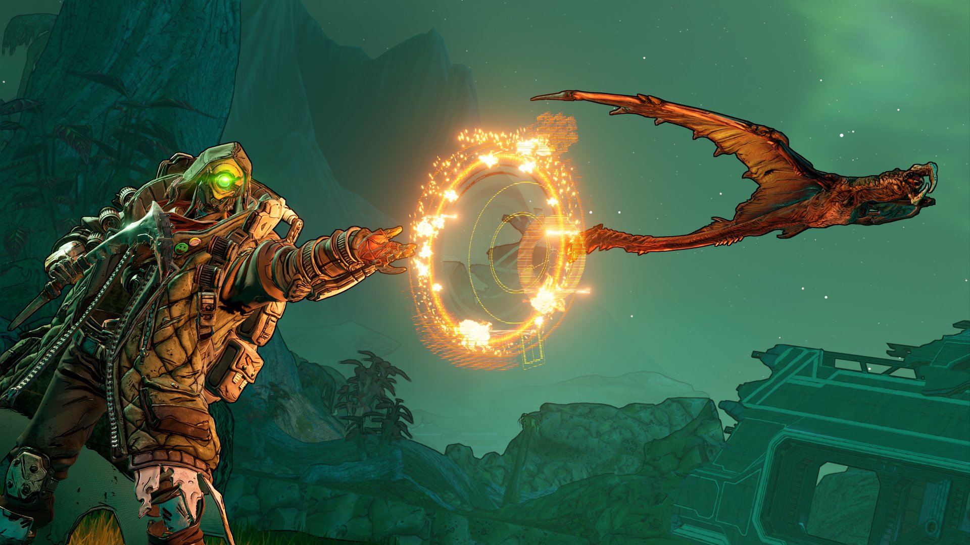 Borderlands 3 video game 4K Ultra HD PC desktop wallpaper: armored Vault Hunter conjures a fiery portal ring while wielding a hooked blade against an eerie green alien landscape.