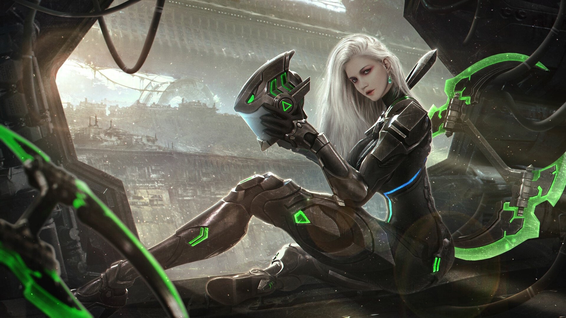 A white-haired cyberpunk woman warrior in futuristic armor, seated amid a sci-fi industrial backdrop, glowing with neon green accents, depicted in stunning HD detail.