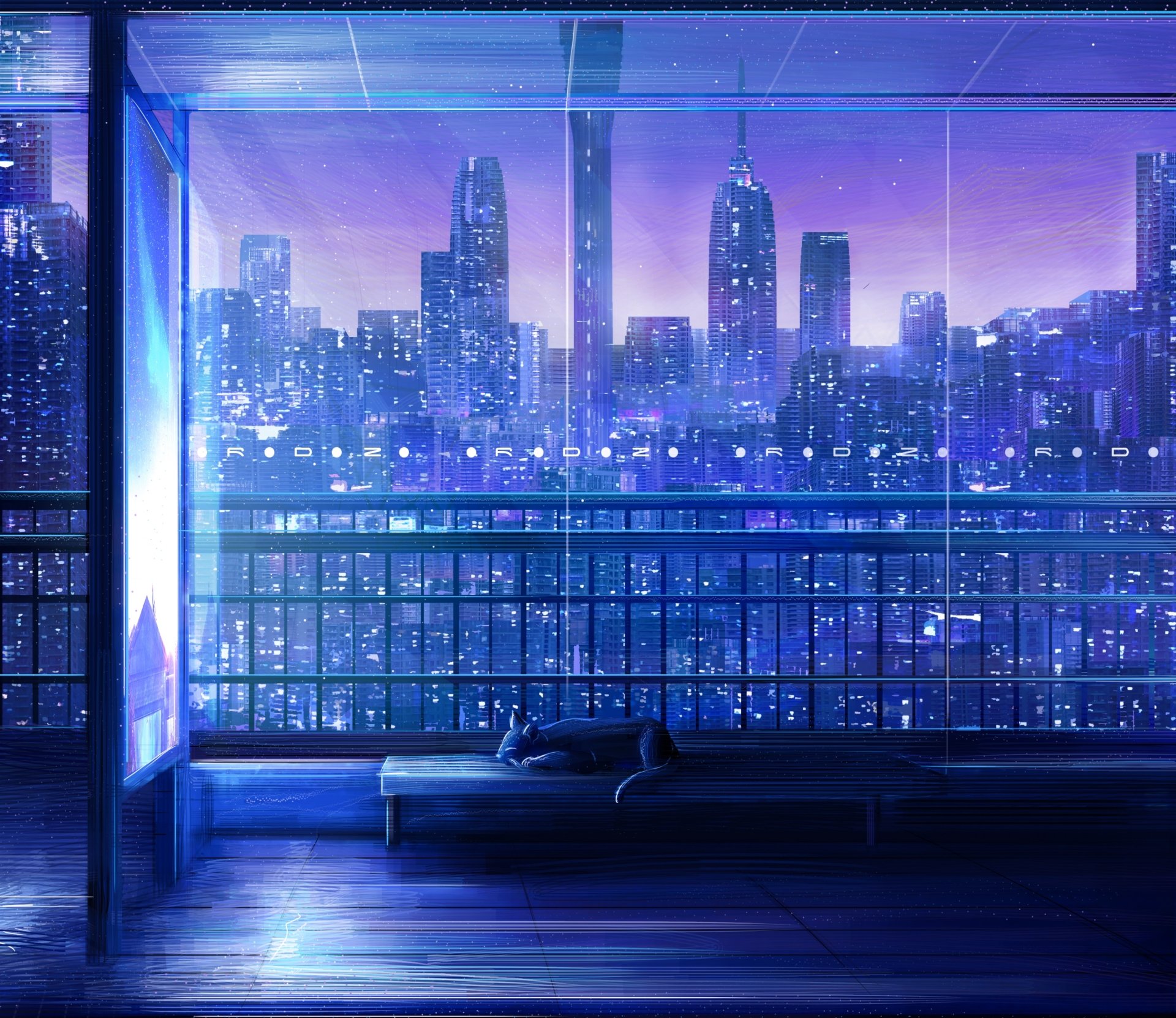 HD Anime cityscape wallpaper featuring a tranquil cat resting at a bus stop, with a glittering skyline in the background.