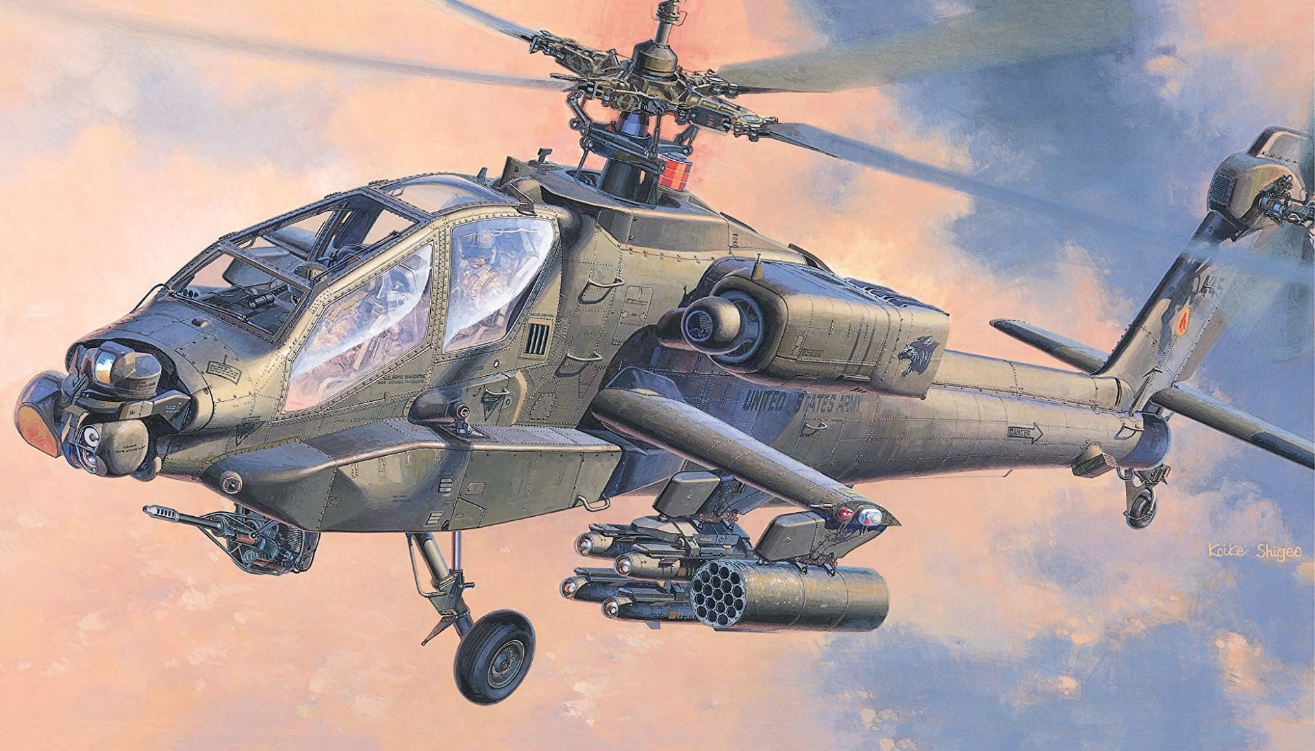 HD PC desktop wallpaper of a Boeing AH-64 Apache attack helicopter aircraft in military flight against a pastel sky.