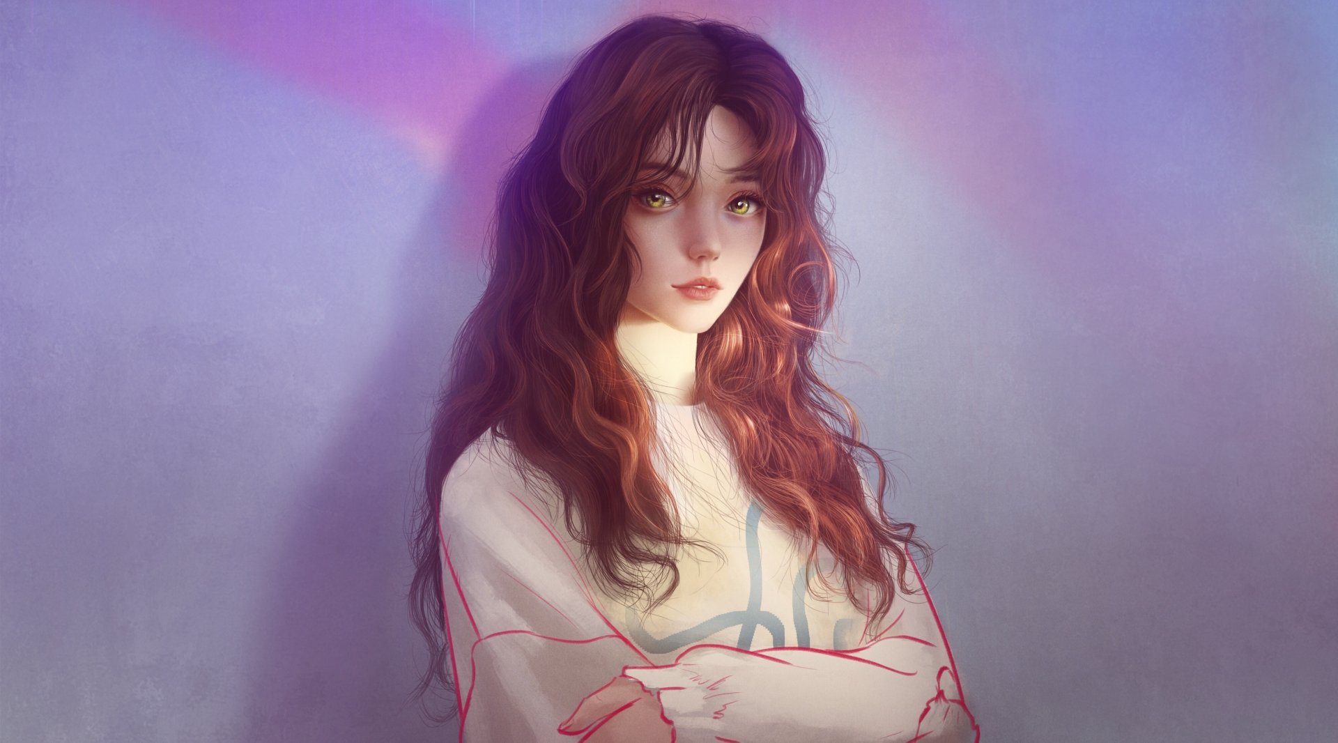 Artistic 4K Ultra HD wallpaper of a woman with long red hair and striking yellow eyes against a soft, blurred purple background.