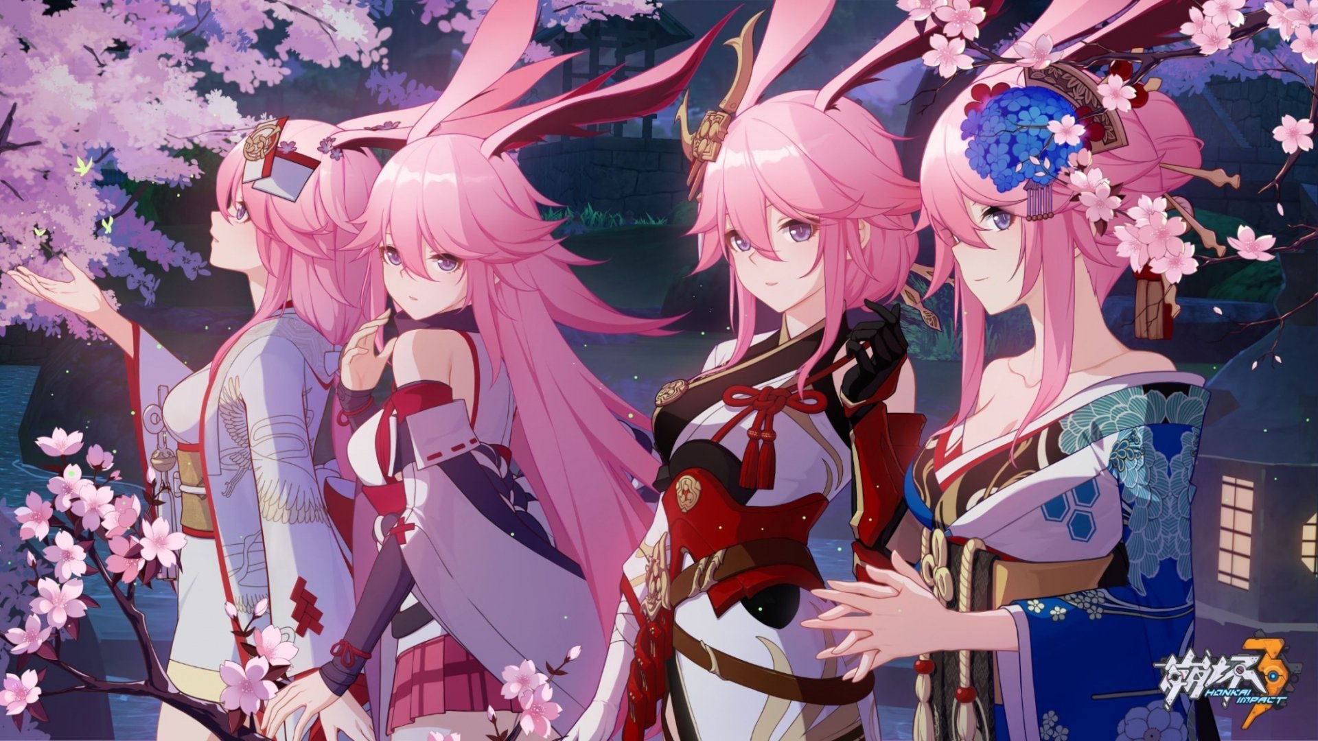HD PC desktop wallpaper featuring Yae Sakura from the video game Honkai Impact 3rd, surrounded by cherry blossoms in a vibrant, detailed anime-style scene.
