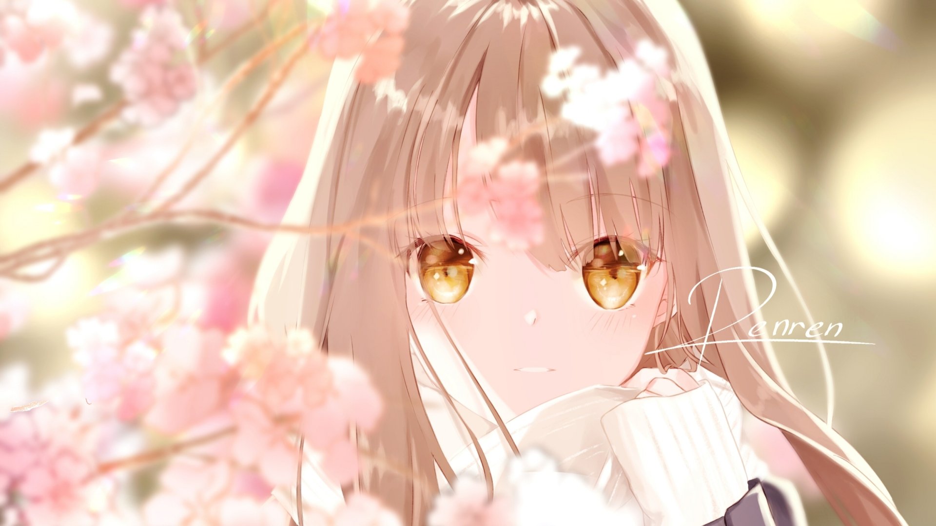 Anime-style HD desktop wallpaper of a blonde character with brown eyes, surrounded by soft pink cherry blossoms in a serene and dreamy setting.