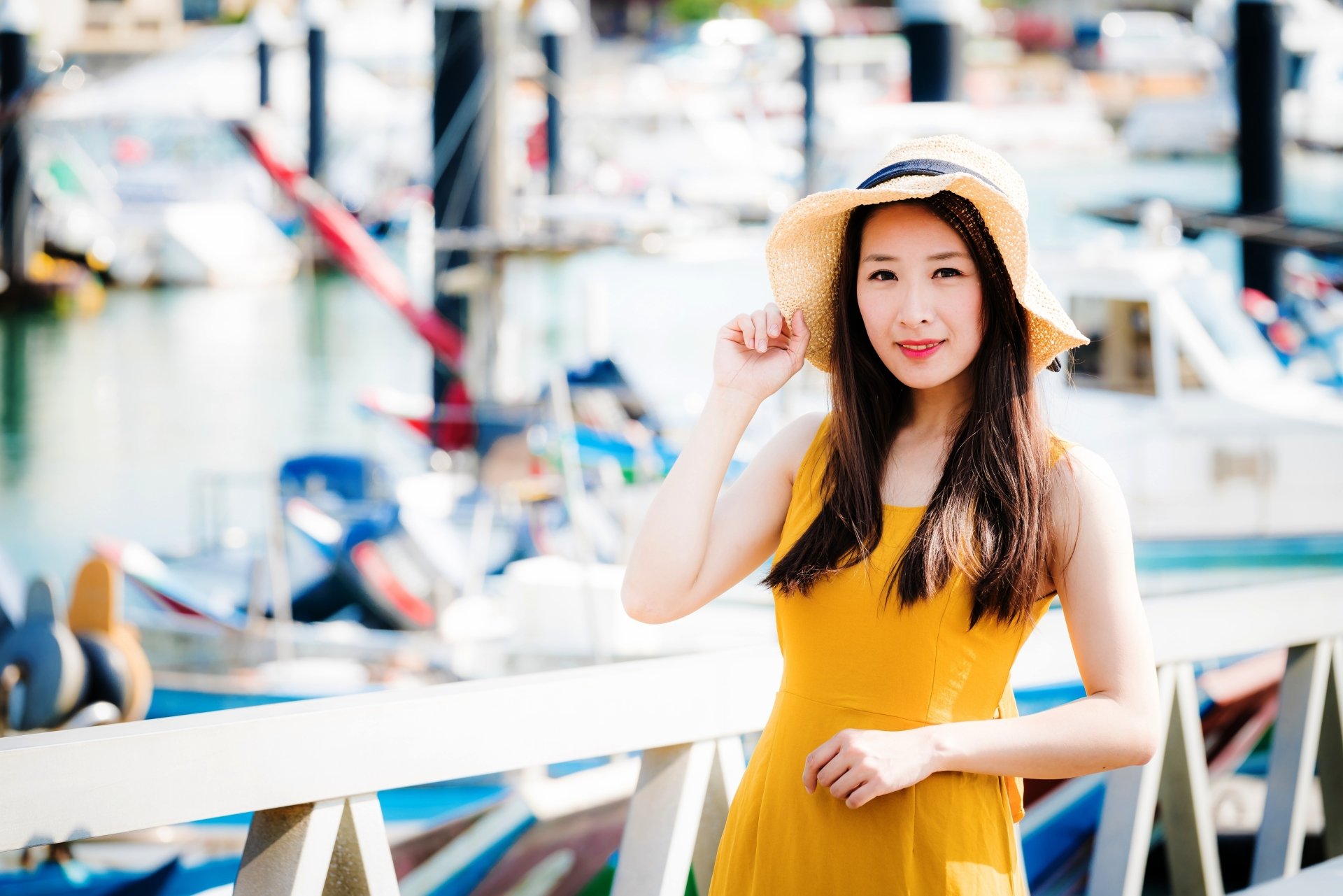 Download Depth Of Field Model Brunette Yellow Dress Hat Woman Asian 4k Ultra HD Wallpaper