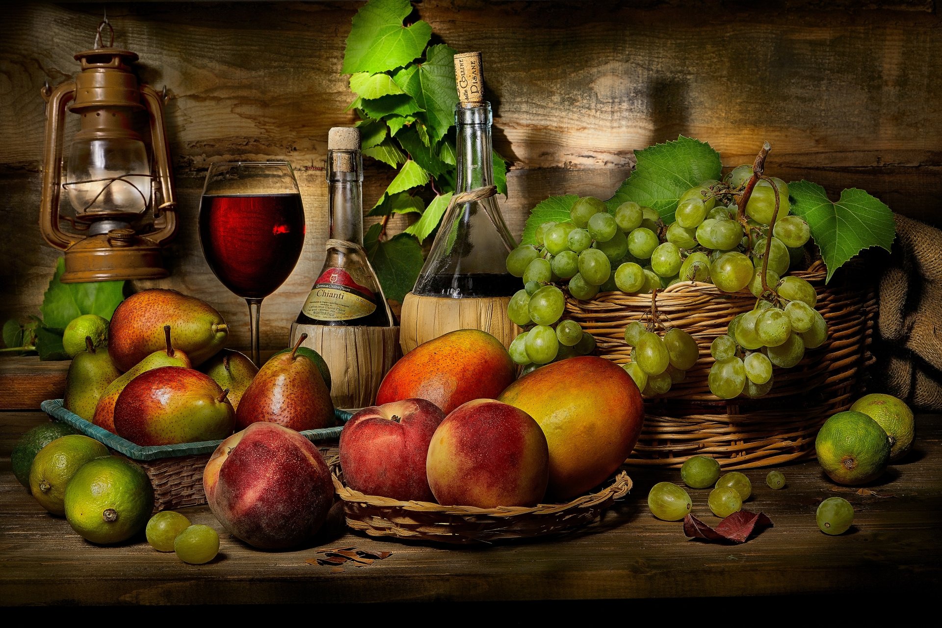 Download Pear Mango Fruit Grapes Bottle Wine Food Still Life 4k Ultra HD Wallpaper