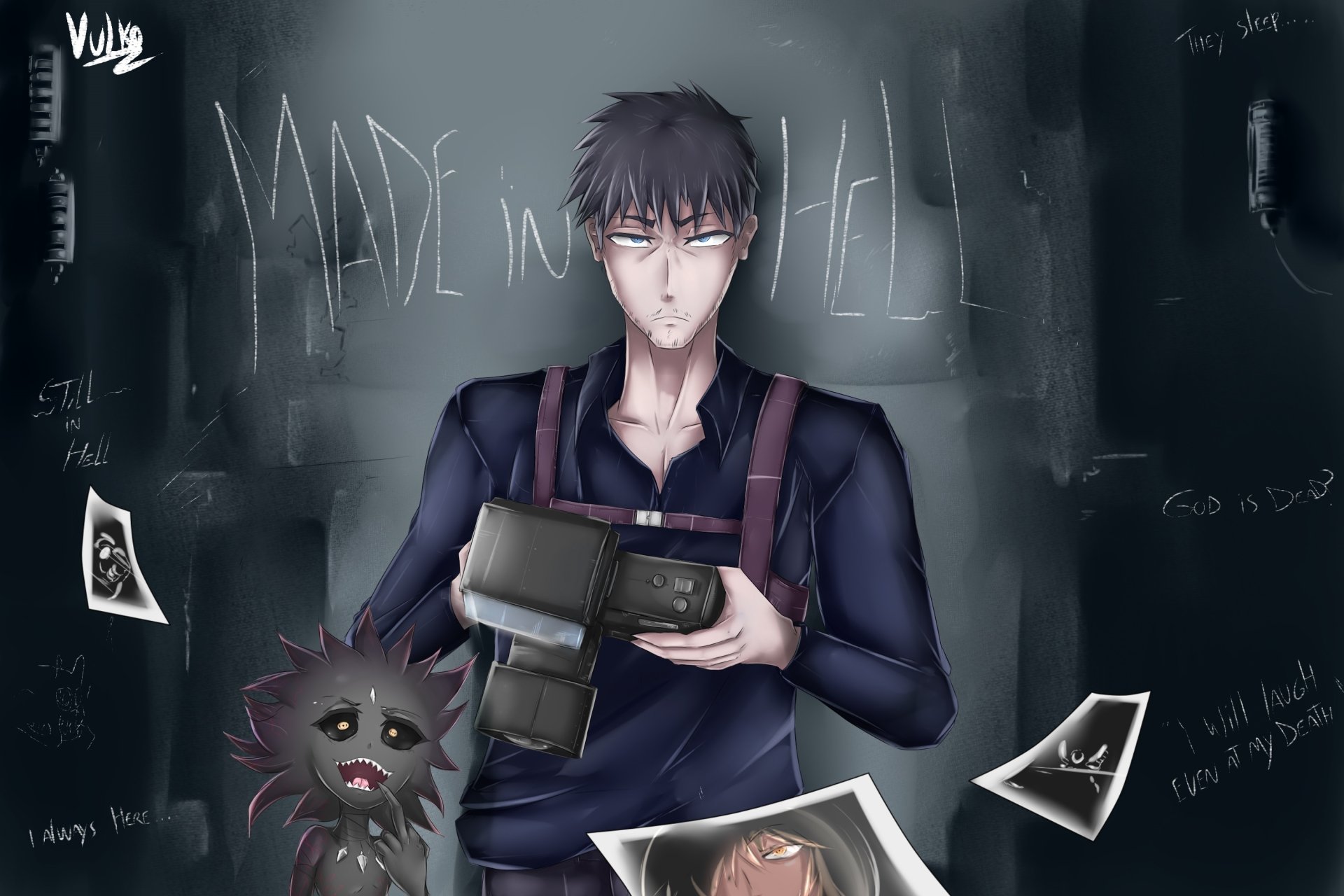 HD anime-style original desktop wallpaper featuring a serious young man holding a camera, standing against a dark wall with eerie writing and scattered photographs.