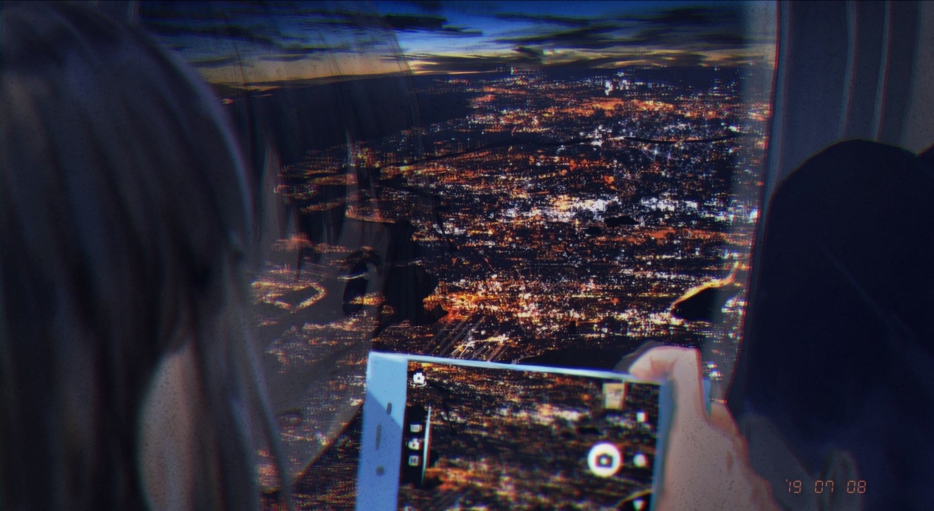 HD anime original desktop wallpaper showing a person capturing a cityscape at night from an airplane window.