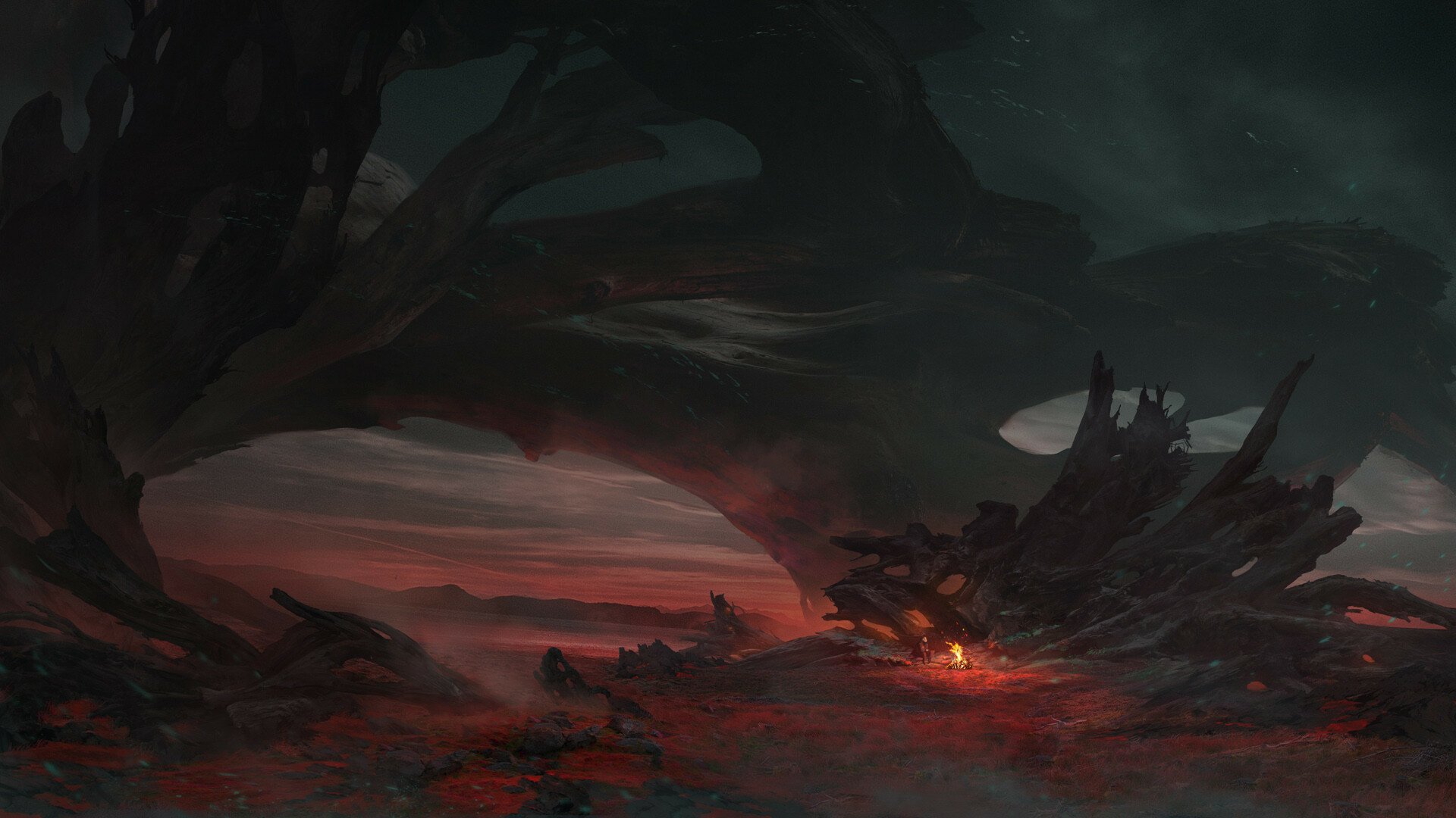 A dark fantasy landscape with a glowing bonfire amid twisted, jagged terrain under a moody sky, depicted in HD as a PC desktop wallpaper background.