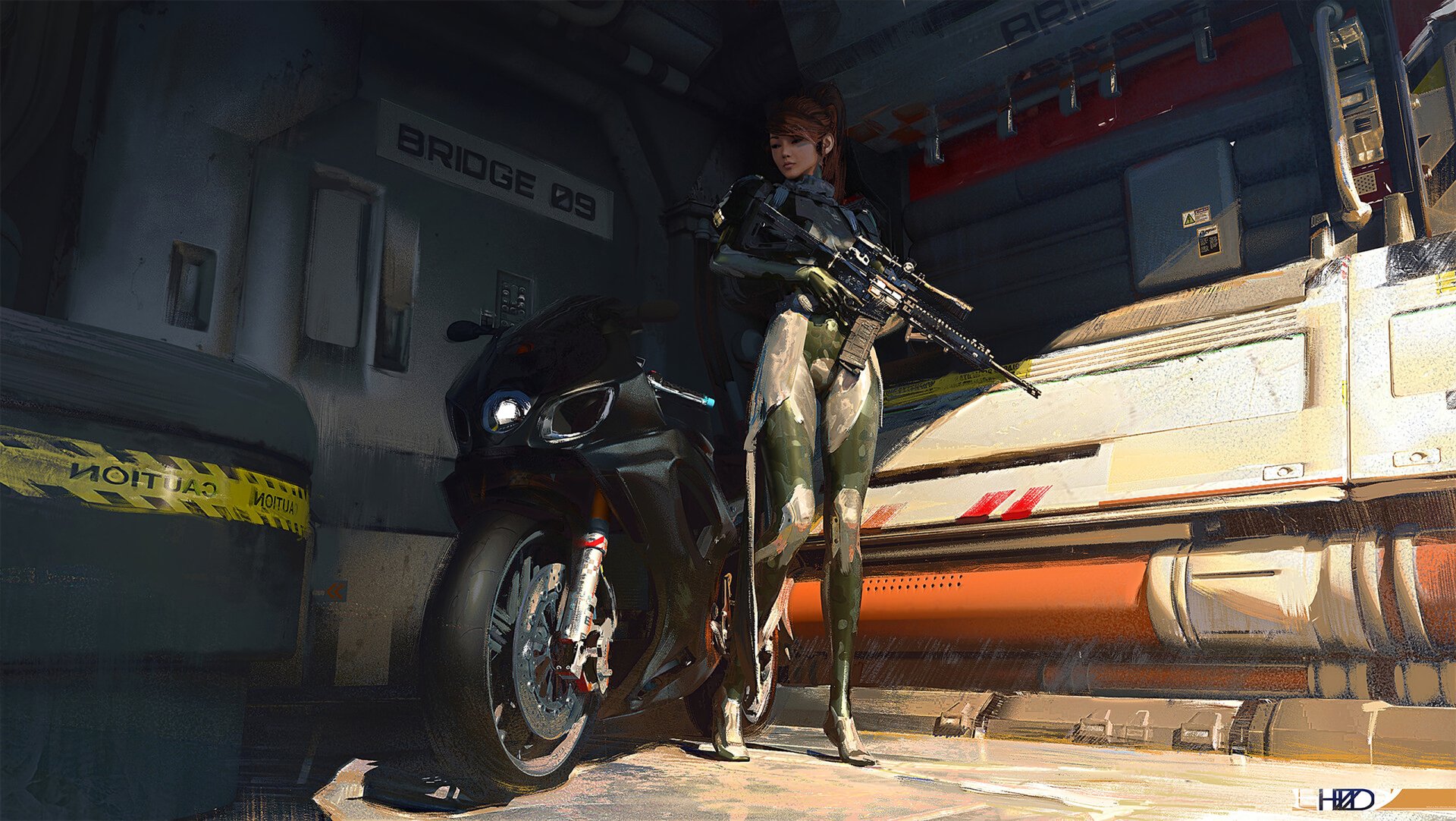 Download Woman Warrior Futuristic Motorcycle Weapon Sci Fi HD Wallpaper by Shenpei Wu