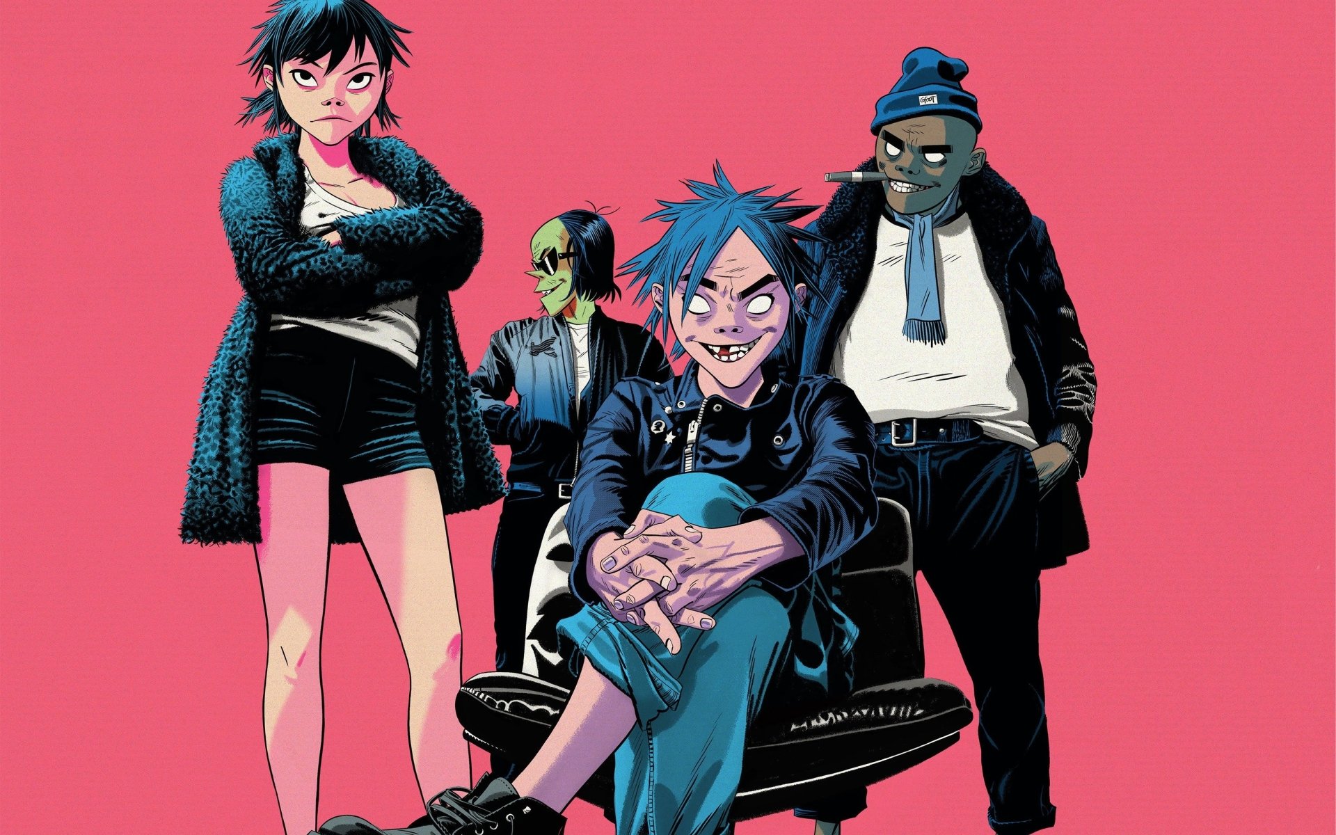 HD PC wallpaper featuring the animated members of Gorillaz against a solid pink background, capturing the band's distinctive music and visual style.